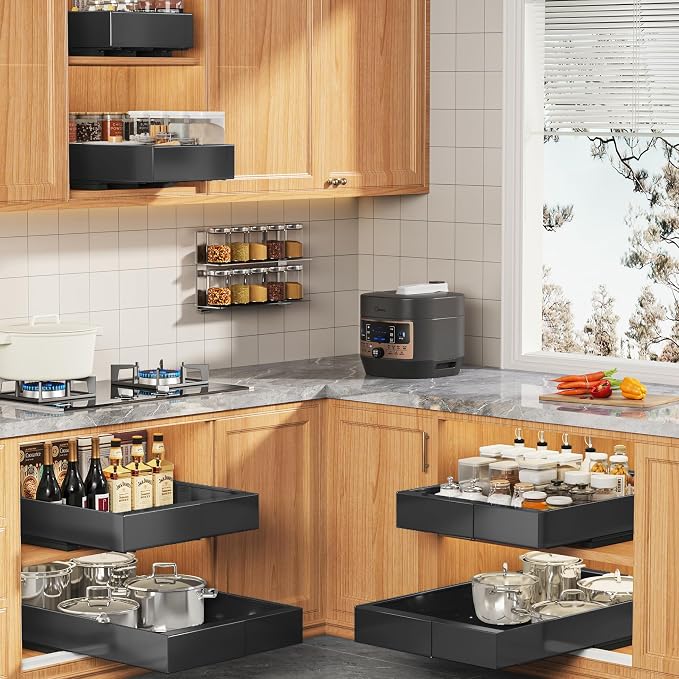 Seinloes 4 Pack Expandable (9"-14") Pull Out Cabinet Organizer 21" Deep With Raising Pad for Framed Cabinets,Upgrade 3 Slide Rails Slide Out Drawers,No Drill Roll Out Shelves Adhesive,Black - Image 7