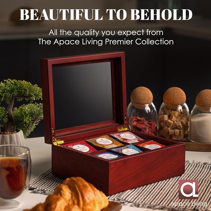 Tea Box - Luxury Wooden Tea Bag Organizer from The Apace Premier Collection - 6 Compartment Tea Storage Chest Container - Elegantly Handmade w/Scratch Resistant Window - Image 5