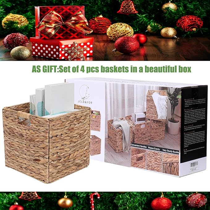 12x12in Storage Baskets 4 Pcs Water Hyacinth Baskets,Foldable Handwoven Storage Cubes - Image 4