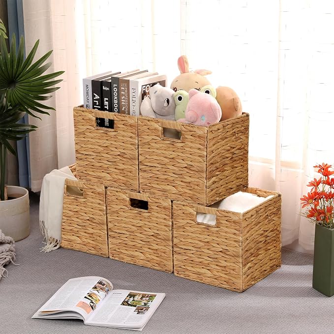 11x11in Wicker Storage Baskets Set of 5 Collapsible Water Hyacinth Basket | for Organizing,Handwoven Woven Bins for Bedroom,Living Room,Shelves - Natural - Image 3
