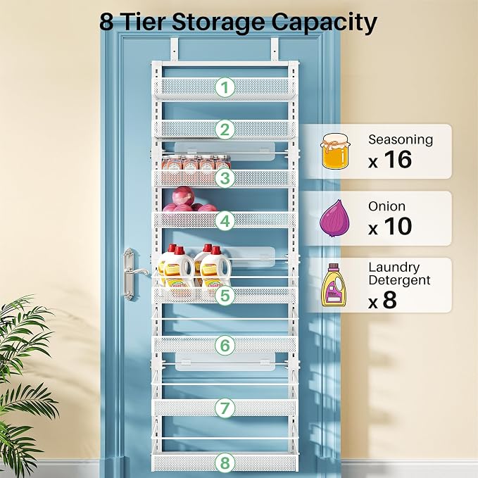 SNTD 8 Tiers Over the Door Organizer, 17" W x 6" D x 69" H, White | Pantry Door Organizers and Storage, Height Adjustable Spice Rack, Dense Mesh Baskets, Anti-Swing, Adjustable Door Fastener - Image 6