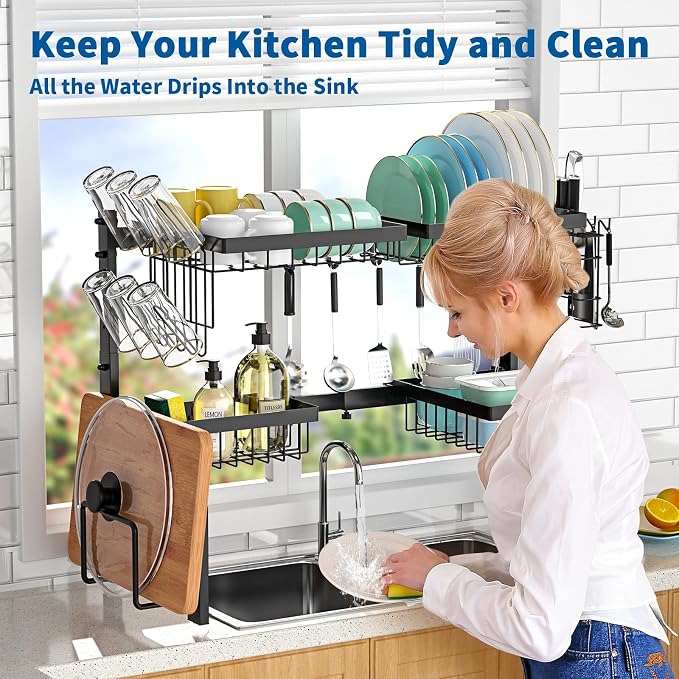 Over The Sink Dish Drying Rack,Expandable 2-Tier Stainless Steel Over The Sink Dish Rack with Utensil Holder Dish Drainers for Kitchen Counter | Stainless Steel, Cutlery Holder & Chopping Board Rack, for Kitchen Counter, Black - Image 6