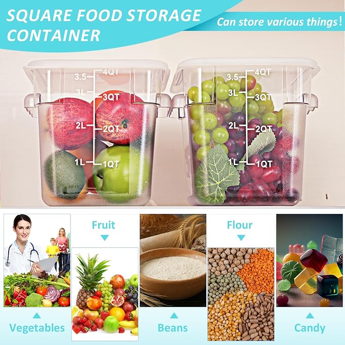 Yungyan 12 Pcs 4 Qt Commercial Food Storage Containers with Lids Restaurant Square Airtight Food Storage Containers Clear Cereal Container for Kitchen Freezer Dishwasher Pantry (White Lid) - Image 5