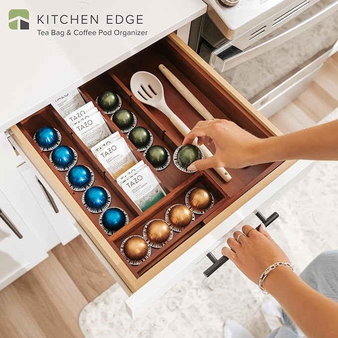 Tea Bag & Coffee Pod Organizer, 9.7-17 in, Acacia | 10 storage compartments, adjustable wall inserts, non-slip feet, food-safe - Image 2