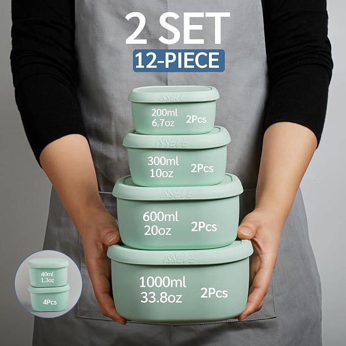 ISSEVE 12Pcs/Set Nesting Silicone Food Storage Containers with Lids | BPA-free, Reusable, Meal Prep Containers, Small Freezer Portions, Dishwasher Cleaning, Nested Cabinet Storage, 5 Sizes, Green - Image 2