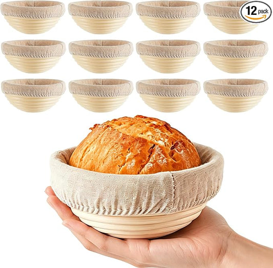 5 Inch Banneton Bread Proofing Basket Set of 12 with Linen Liner Cloth Mini Banneton Basket Proofing Baskets for Traditional Sourdough Bread Bakery Bowls for Professional & Home Bakers by Bornerwhite