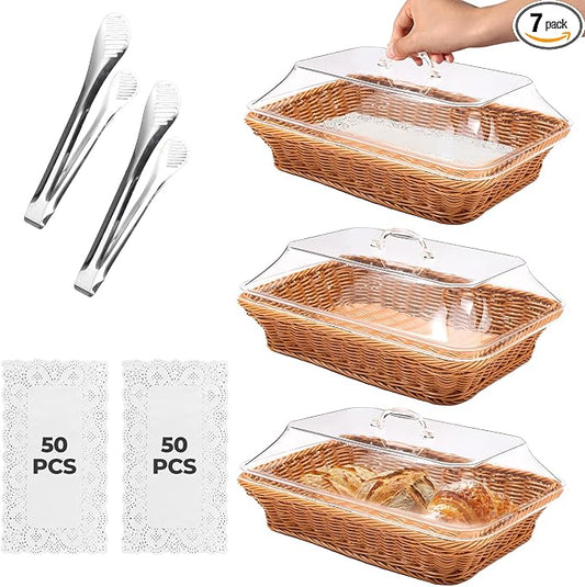 Rattan Bread Baskets, 3 Pack, rectangular Woven Baskets with Acrylic Lids, 13.8 x 9.8 inches, Stainless Steel Tongs, Lace Doilies, for Bread, Fruit, Food Display by TrezTreamer