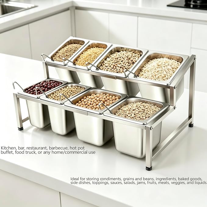 Telescoping Pizza Topping Station Condiment Container Food Prep Holder | 8 Pans & Spoons, Stainless Steel Container Set Ingredients Holder Spice Rack for Kitchen Buffet Pizza Oven Accessories - Image 6
