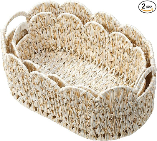 Coeusy Wicker Scalloped Basket Set of 2,Woven Storage Baskets for Shelves,Closet,Laundry,Gifts,Towels,Books,Toys,Waterproof Boho Decor Basket for Organizing by WEAVECOMFORTINTOEVERYCORNER