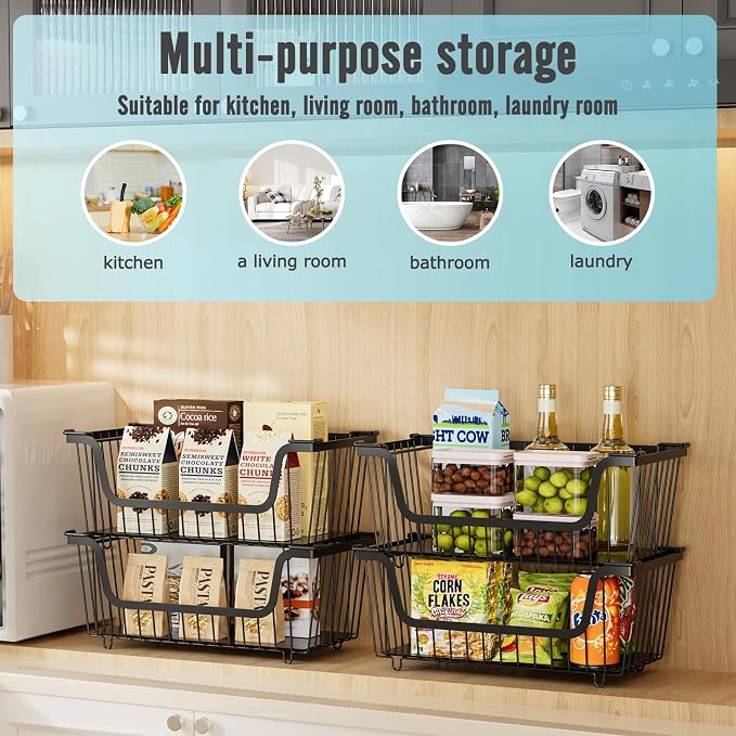 6 Pcs Stackable Wire Baskets for Pantry Organizers and Storage, | Vegetable Fruit Basket for Countertop,Kitchen Storage Metal Baskets,Produce Potato Onion Storage Bin,Black - Image 5