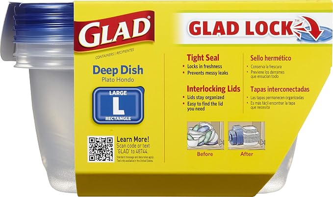 Glad GladWare Deep Dish Food Storage Containers, 64 Oz, 3 Count, 6-Pack | Lock-tight seal for soups, salads, and meal prep in a large rectangle format, microwave and dishwasher safe - Image 3