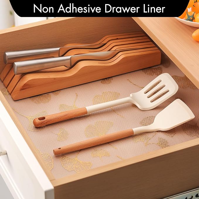 Cooyes Shelf Liner, Non Adhesive Drawer and Cabinet Liner, EVA Washable Oil-Proof Shelf Paper for Kitchen Cabinets, Refrigerator, Storage, Desks with Modern Pattern （Gold Ginkgo，11.8" W x 118" L） - Image 2