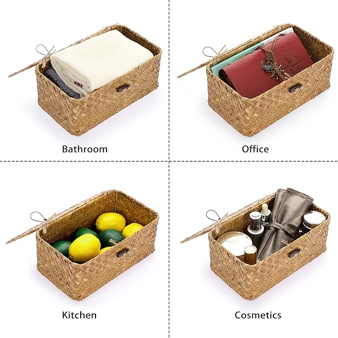 Hipiwe Wicker Shelf Baskets Bin with Lid X-Small Handwoven Basket for Shelf | Natural Seagrass Storage Box, Rectangular Household Basket Boxes for Wardrobe Home Organizer, Caramel - Image 7