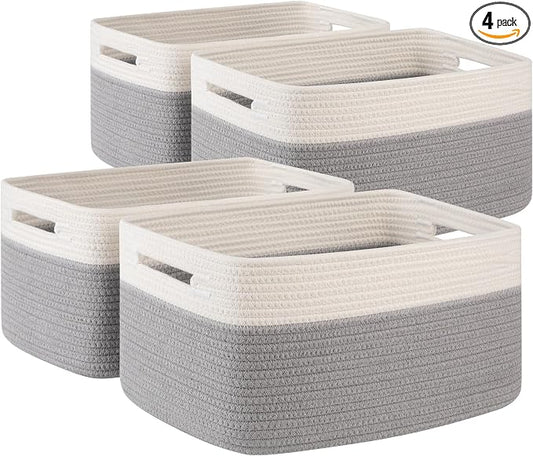 4 Pack Storage Baskets for Organizing, Woven Baskets for Shelves - Perfect for Toys, Books, Towels, and Clothes, Durable Gift Basket Bins Toy Storage, 15.7''Lx11.8''Wx7.8''H, Grey and White by SIXDOVE