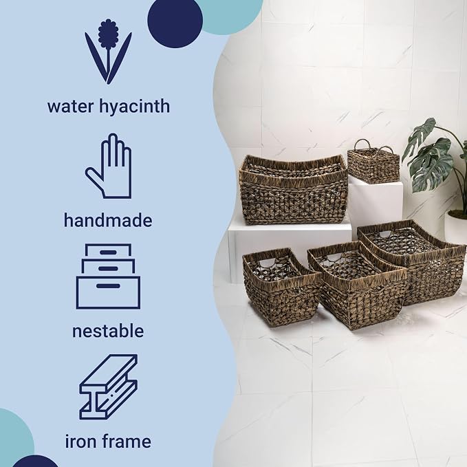 happimess Aria 5-Piece Nesting Storage Baskets Water Hyacinth 21", Brown | Handwoven Contemporary Bohemian Design, Iron Metal Frame, Open Weave, Decorative Organization For Living Room and Bedroom - Image 3