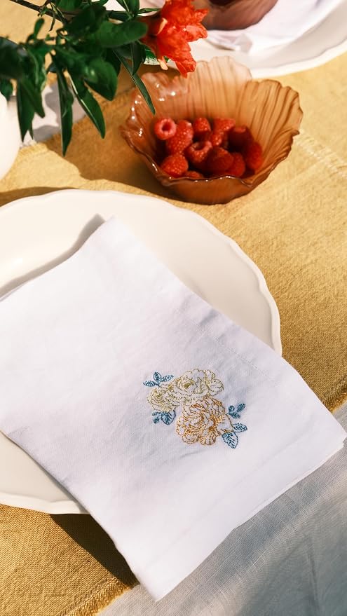 White Linen Napkins Set of 4-100% Pure Linen Embroidered Dinner Napkins, Washable Reusable, 19 x 19 Inch for Spring Summer Mother's Day - Botanical Embroidery (Rose Garden Collection) - Image 2