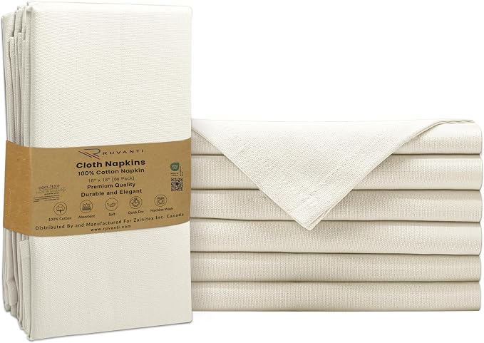 Ruvanti Cloth Napkins Set of 6, 100% Cotton High GSM 18x18 Inches Soft, Washable, Highly Durable & Absorbent, Perfect for Parties, Christmas, Thanksgiving Dinners – Antique White by Ruvanti
