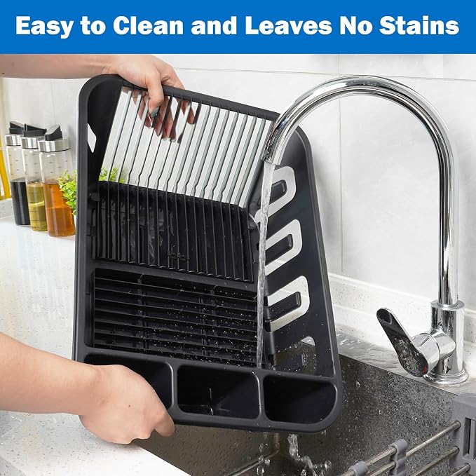 KOOMADE 2-Pack Large Dish Drying Rack for Kitchen Counter -Dish Drainer Set with Drainboard Heavy Duty Plastic Counter Organizer for Dishes, Cups, Knives, Spoons and Forks, Made in USA (Black) - Image 8