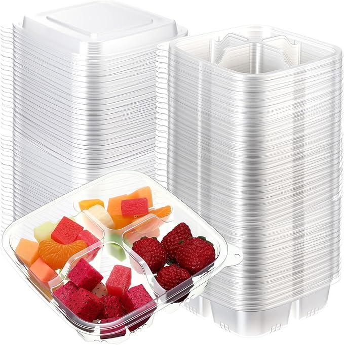100 Pack 4-compartment Bento Snack Boxes with Lids Divided Lunch Containers for Travel School Camping Outdoor Home (Clear) by Yiyiring