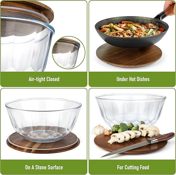 Large Stackable Set of 5 Nesting Glass Bowls with Acacia Lids for Foodprep, Storage, Baking, Sourdough Mixing & Cooking. Microwave & Oven Safe Heat Resistant Inert Borosilicate Glass - Image 4