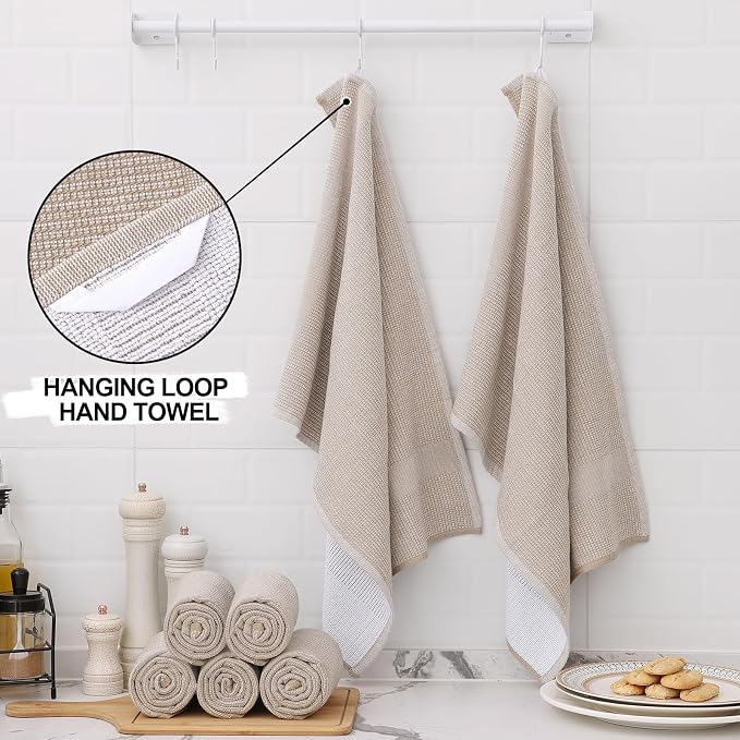 Homaxy 380 GSM Cotton Premium Kitchen Towels 6 Pack, 18"x 28", Khaki | Flat and Terry Dish Towels, Highly Absorbent Tea Towel Set with Hanging Loop, Soft Utility Kitchen Hand Towels - Image 3