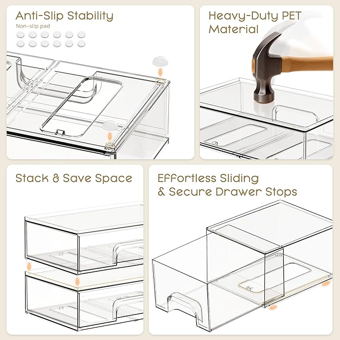 Stackable Storage Drawers, 4 Pack Clear Plastic Makeup & Bathroom Organizer, Versatile Storage Bins for Vanity, Under Sink, Kitchen Cabinets & Pantry - Image 5
