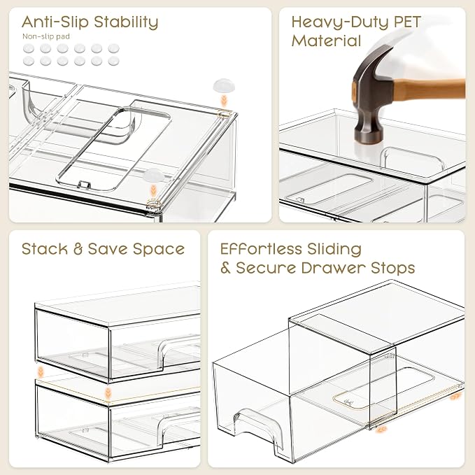 Stackable Storage Drawers, 6 Pack Clear Plastic Makeup & Bathroom Organizer, Versatile Storage Bins for Vanity, Under Sink, Kitchen Cabinets & Pantry - Image 5