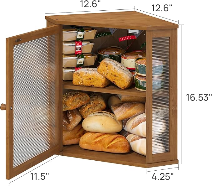 viewcare Corner Bread Box for Kitchen Counter, Bamboo Wood Large Capacity Bread Storage Bin with Acrylic Wavy Door Panel (Brown, Extra Large) - Image 5