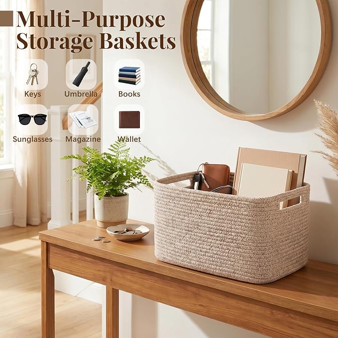 OIASKET 4Packs Natural Cotton Rope Storage Baskets for Organizing Toys, Clothes, Towels & Books, Soft Versatile Organizers for Shelves, Home Decorative Bins, 13''Lx9''Wx7.8''H, Brown - Image 8