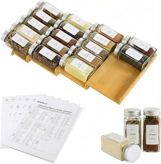 Spice Drawer Organizer with 20 Spice Jars,216 Labels,50 Non-slip Rubber, Bamboo 4 Tier Seasoning Rack Tray Insert for Kitchen Drawers,Cabinets,Countertop,9" Wide x 15.8" Deep by KitHero