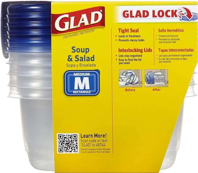 Glad GladWare Medium Rectangle Food Storage Containers, 24 Oz, 5 Ct, 6-Pk | Airtight, leak-resistant containers for soups, salads, and meal prep; microwave, dishwasher, and freezer safe - Image 3