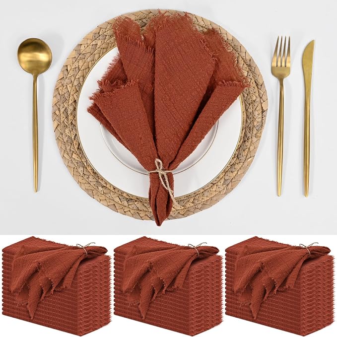 50 Pack Terracotta Cloth Napkins, 16 x 16 Inch Cotton with Fringe Settings | Handmade washable reusable cotton dinner napkins in bulk for weddings, parties, rustic boho table settings by FXKS