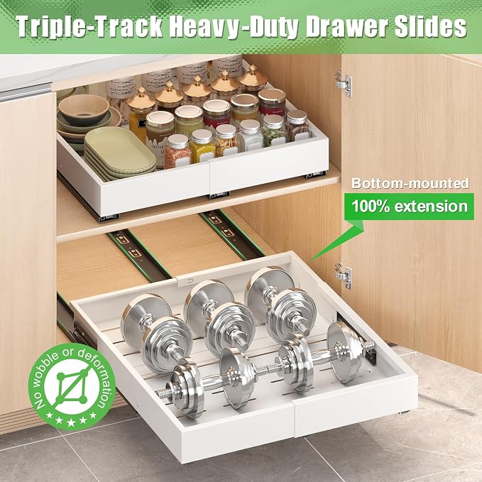 1 Pcs Pull Out Drawers for Cabinets Organizer Expandable Width(11.8"-19.4"), Depth(16.45"-21.7") With 3 Rails, No Drill Roll Out Drawer, Adhesive Sliding Drawers - Image 3