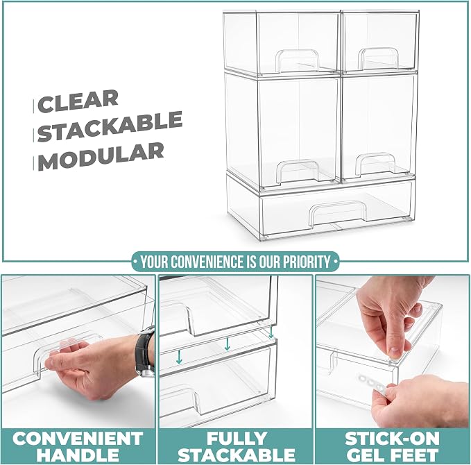 Sorbus Acrylic Storage Containers - 5 Pack, Stackable Storage Bins Set for Bathroom Organization - Clear Acrylic Drawer Organizers - Makeup Case Pull-Out Drawers (7.6’’ and 4.4’’ Tall and 12.1’’ Wide) - Image 5