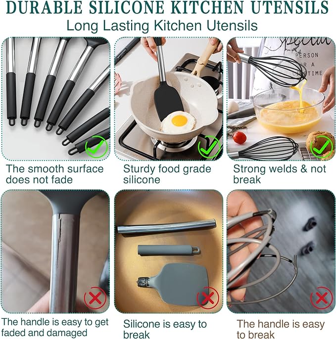 Stainless Steel Kitchen Cooking Utensil Set, Umite Chef 15 pcs Cooking Utensils - Nonstick Kitchen Utensils Cookware Set Spatula Set -Kitchen Gadgets Utensils Set, Kitchen Tools Gift (Gray) - Image 3