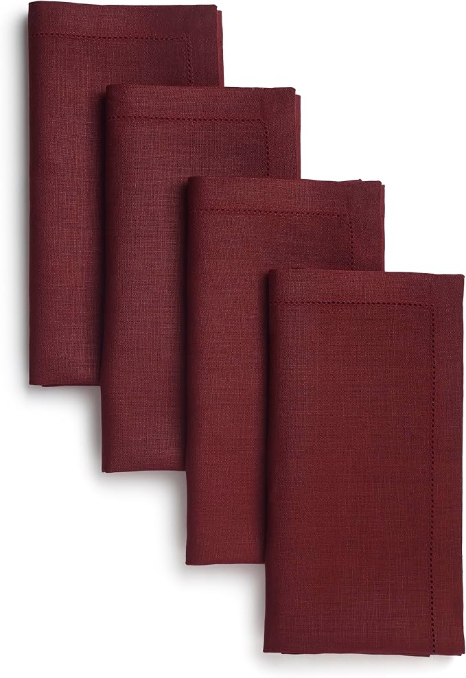 Signature Linen™ by D'Moksha Red Garnet Dinner Napkins Set of 4, 20 x 20 Inch Cloth Napkins, 100% Pure Linen, Hemstitch, Machine Washable Table Napkins- Summer, Weddings, Outdoor hostings by DMokshaHomes