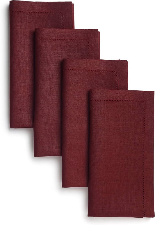 Signature Linen™ by D'Moksha Red Garnet Dinner Napkins Set of 4, 20 x 20 Inch Cloth Napkins, 100% Pure Linen, Hemstitch, Machine Washable Table Napkins- Summer, Weddings, Outdoor hostings by DMokshaHomes