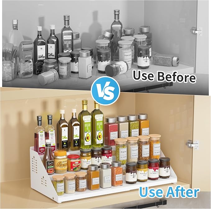 BOIVSHI Seasoning Organizer, 3 Tiered Spice Rack for Cabinet, White | Spice Organization for Cabinet - Expandable Width & Adjustable Height, Metal Spice Organizer for Cabinet, Countertop, Pantry - Image 8