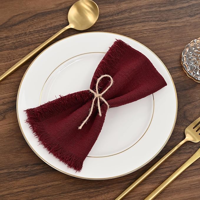 36 Pack Burgundy Napkins Cotton Linen Napkin 16 x 16 Inch Burgundy Napkins Cloth Handmade with Fringe Soft Washable Rustic Dinner Napkin Cloths for Wedding Party Dinner Table - Image 3