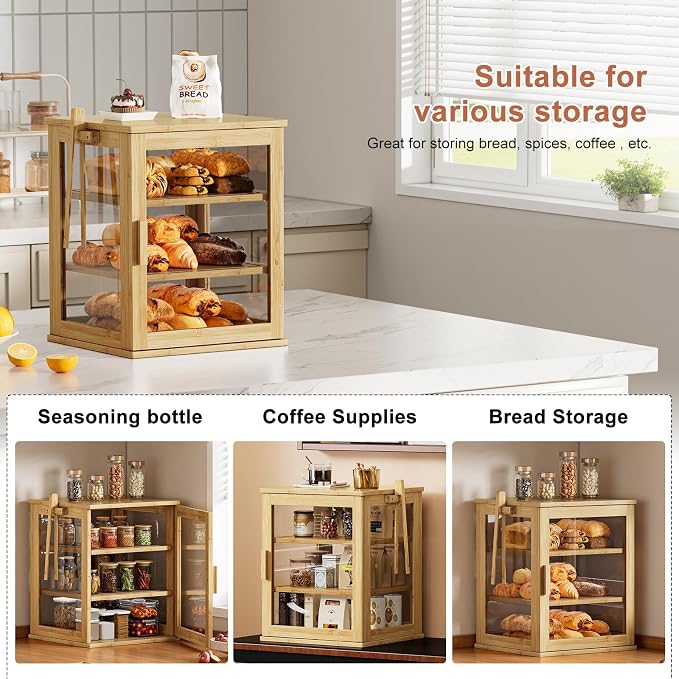 WOWLIVE Bread Box for Kitchen Countertop, 3 Layers Bread Storage Container | Large Bamboo Bread Bin for Homemade Bread with Window, Farmhouse Breadbox Organizer for Cabinet, Natural, Extra Large - Image 6