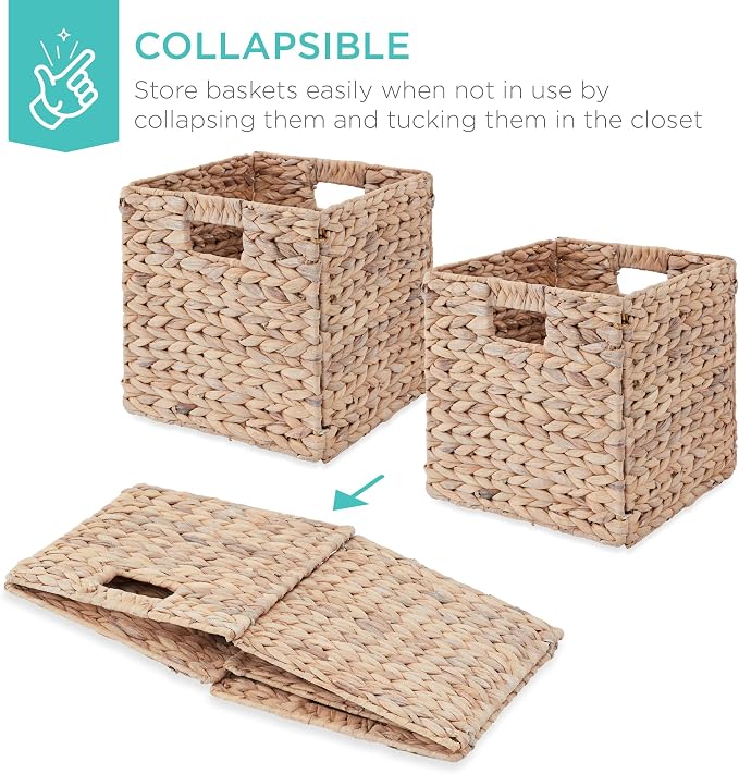 Best Choice Products 10.5x10.5in Pack of 5 Cube Storage Baskets, Water Hyacinth Multipurpose Collapsible Organizers, Handwoven Laundry Totes for Laundry, Living Room, Kids Room & Nursery - White - Image 3