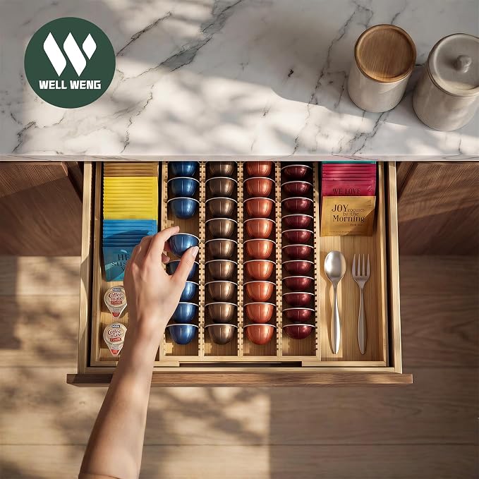 Large Expandable Bamboo Coffee Pod Drawer Organizer | 10.8" -19"W x15.67"Dx1.9"H, Compatible with Nespresso Vertuo Capsules, 40 Big or 52 Small Pods Holder for Counter - Image 3