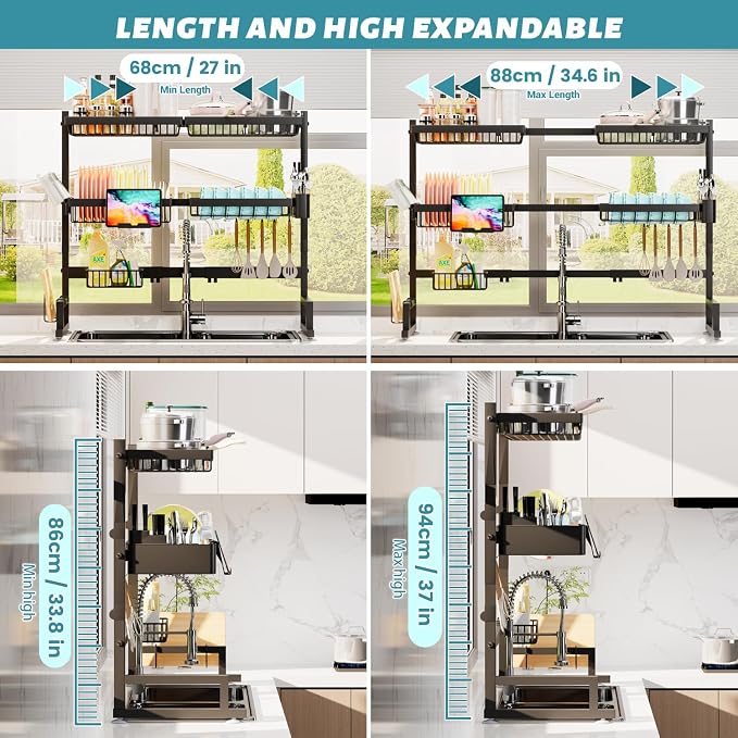 ADBIU Over The Sink Dish Drying Rack (Expandable Height and Length) Snap-On Design 2 Tier Large Dish Rack (27-40L x 12W x 32.5-37H (inches)) - Image 2