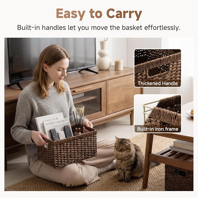 StorageWorks Rectangular Wicker Storage Baskets for Organizing, 2-Pack | Paper Rope Wicker Storage Baskets for Shelves, Dark Brown Wicker Baskets with Handle, Brown Baskets for Storage,Woven Baskets - Image 4