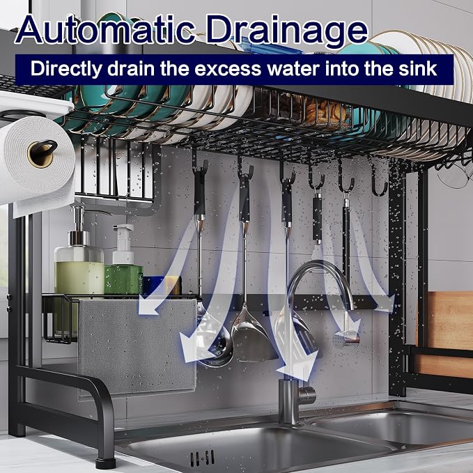 LIVOD Over Sink Dish Drainer Drying Rack, 2 Tier Full Stainless Steel Storage Adjustable Length Kitchen Rack, Multifunctional Expandable Counter Organizer, Space Saver Dish Rack - Image 6