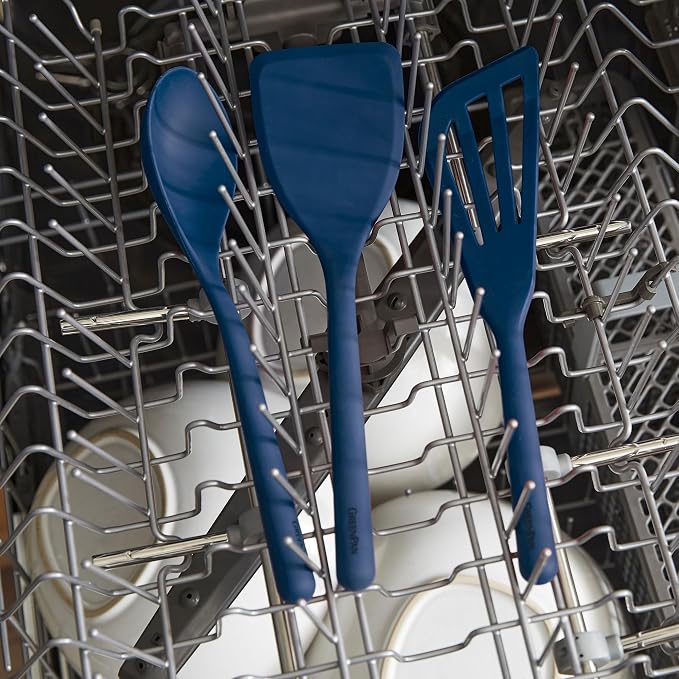 GreenPan Silicone 6 Piece Cooking Utensil Set & Holder, Spoon, Spatulas, Whisk, Ladle, Flexible Nonstick Kitchen Tools, Steel Core Heat-Resistant Anti-Slip Handle BPA-Free Dishwasher Safe, Oxford Blue - Image 5