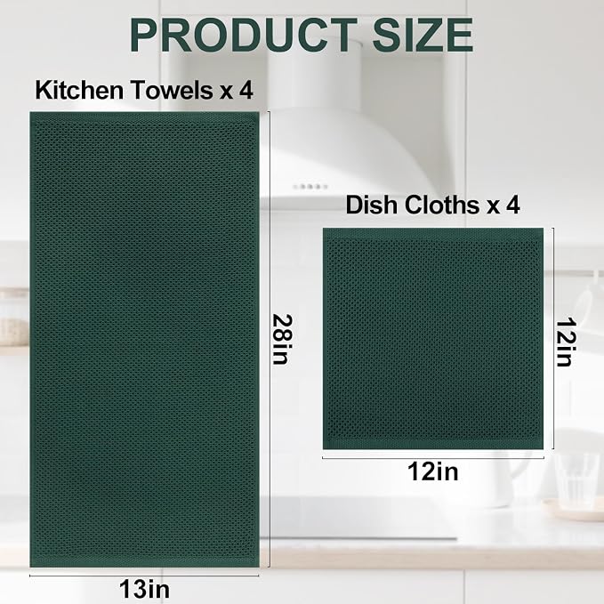 Homaxy 8 Pack 100% Cotton Kitchen Towels and Dishcloths Set, Blackish Green | 12 x 12 Inches and 13 x 28 Inches Kitchen Towels Set, Ultra Soft Absorbent Dish Cloths for Washing Dishes - Image 4