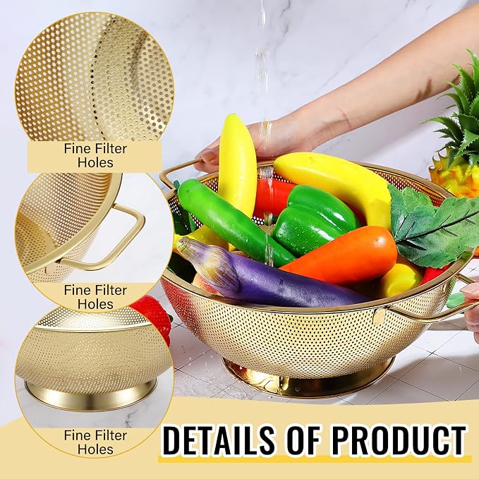 Norme 5 Quart Stainless Steel Gold Colander and 3 Pcs Gold Fine Mesh Strainer, Stainless Steel Pasta Rice Food Metal Strainer with Handles, Easy Clean and Dishwasher Safe - Image 4