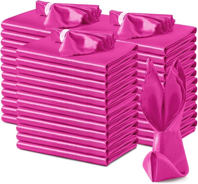 VACVELT 100 Pack Hot Pink Scalloped Satin Napkins 17x17 Inch Wedding | Scalloped Floral Edges With Silky Smooth Finish, Seamless Design, Machine Washable Wrinkle And Fade Resistant by VACVELT