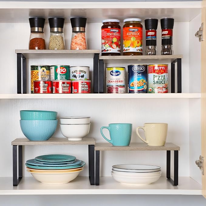 NEX Kitchen Cabinet and Counter Shelf Organizer, Shelf Riser for Pantry Countertop Cupboard Desk Top, Stackable & Expandable, Set of 4, Black and Greige | Stackable & Expandable Spice Rack, Space-Saving Pantry Organizers Bathroom Countertop Storage, Bl... - Image 2